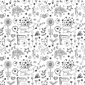 Black line drawing doodle of love concept pattern vector