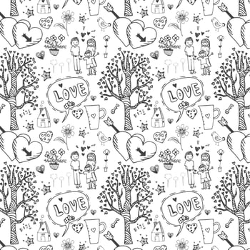 Black line drawing doodle of love concept pattern vector