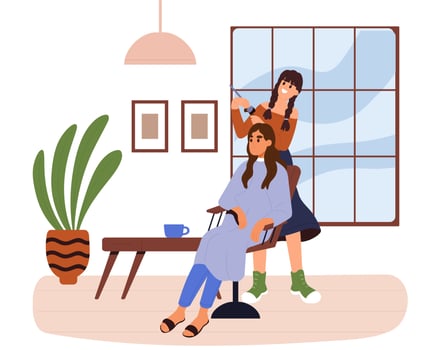 Stylist is dyeing client hair in the beauty salon. Hairdresser and customer. Hair coloring. Flat vector illustration.