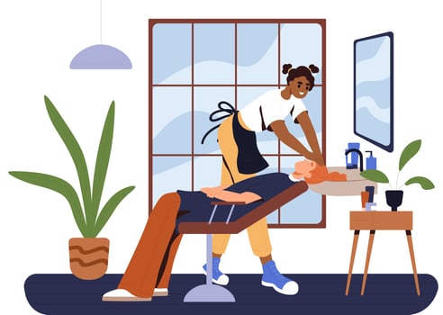 Stylist is washing client hair before haircut. Hairdresser and customer. Woman in the beauty salon. Flat vector illustration.