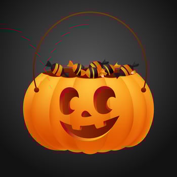Happy Halloween holiday. Banner or invitation, orange candy bag pumpkin jack o lantern with carved smiling face. Full of sweets, sweet corn, jelly. Cartoon kids bag autumn vector illustration.