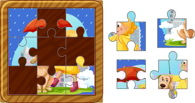 Girl and Dog Photo Jigsaw Puzzle Game Template vector