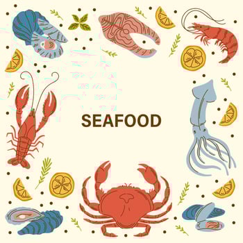 Vector hand drawn seafood banner. Lobster, salmon, crab, shrimp, octopus, squid, clams. Square border composition. Delicious menu objects for restaurant, promotion market store flyer