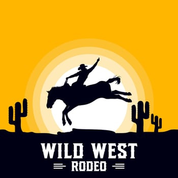 Rodeo cowboy riding wild horse on a wooden sign, vector