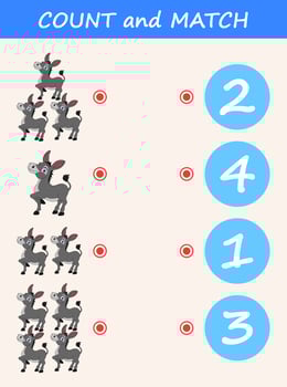 Count and match donkey cartoon. Math educational game for children vector
