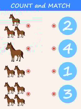 Count and match horse cartoon. Math educational game for children vector