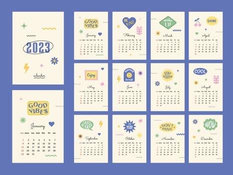 Calendar 2023 with retro shapes and positive stickers. Week start on Sunday. Set of 12 months, cover and one sheet of the year. Template for A4 A3 A5 size. Vector illustration in 1990s style