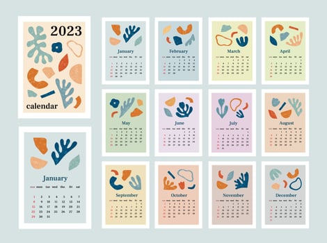 Calendar 2023 with abstract organic elements and texture. Week start on Sunday. Set of 12 months, cover and one sheet of the year. Template for A4 A3 A5 size. Vector illustration in trendy style