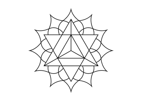 Sacred geometry, mystical symbol of the Merkabah, lotus flower in black tattoo line art, magic logo geometric mandala design, vector isolated on white background