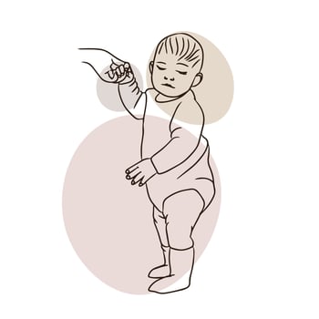 Kid, standing holding mom's hand, first steps, care, parents vector