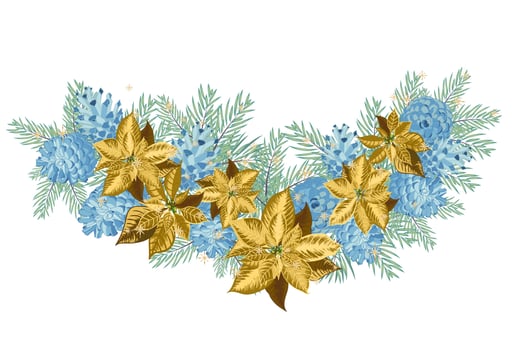 Vintage Christmas garland with blue pine cones and golden poinsettia isolated on white background vector