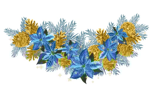Vintage Christmas garland with golden pine cones and blue poinsettia isolated on white background vector