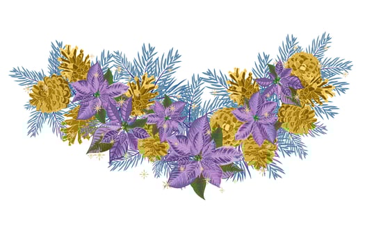 Vintage Christmas garland with golden pine cones and violet poinsettia isolated on white background vector