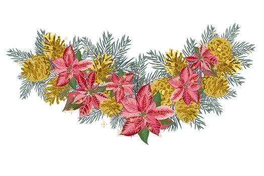Vintage Christmas garland with golden pine cones and pink poinsettia isolated on white background vector