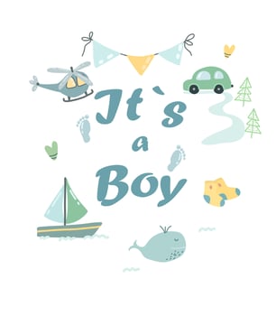 Gender party illustration. Postcard for a boy. son's birthday.Blue elements, car, helicopter. Decor for a gender party. vector