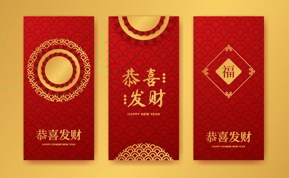 Happy chinese new year social media stories with golden asian decoration pattern for happy chinese new year lucky fortune vector