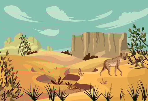 Desert landscape with rocks, tropical tree, grass and blooming cactuses. vector