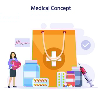 flat vector illustration pharmacy and medical concept, aid, healthcare, drugstore, medicine.