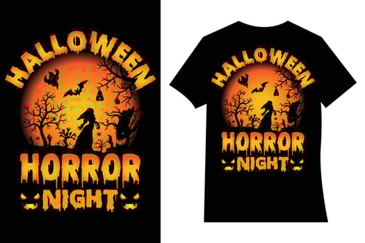 Halloween horror night t-shirt design Vector cartoon style illustration of pumpkin, witch cat, and bats, isolated on black background. Print for t-shirts, Mugs and Coffee cups, Cards and frame artwork