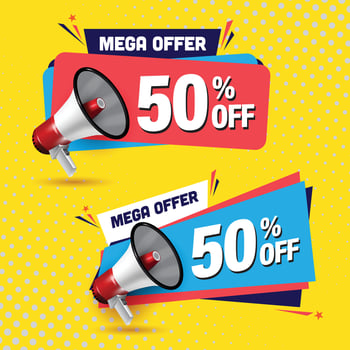 Mega offer discount board announcing megaphone vector