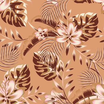 monochromatic vintage color stylish tropical banana palm leaves seamless pattern fashionable with abstract hibiscus flowers and monstera plant foliage on pastel background. Floral background. Summer vector