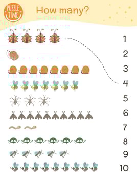 Counting game with insects. Math activity for preschool children. How many objects worksheet. Educational riddle with cute funny characters. vector