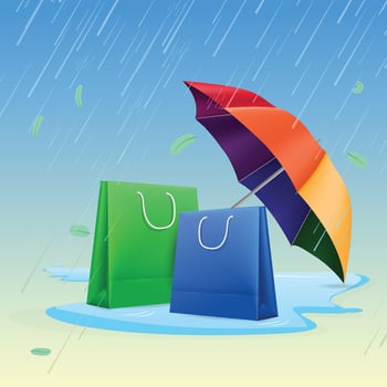 Monsoon sale concept. Shopping bags under umbrella while raining vector