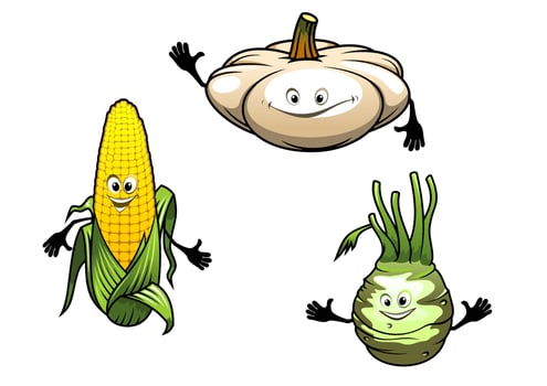 Pumpkin, corn and turnip cartoon vegetables vector