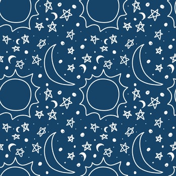 Seamless pattern with sun, moon and stars. Repeat pattern for printing on fabric. Style your pillowcases and bedding. vector