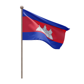 Cambodia 3d illustration flag on pole. Wood flagpole png
