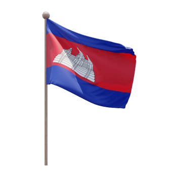 Cambodia 3d illustration flag on pole. Wood flagpole png