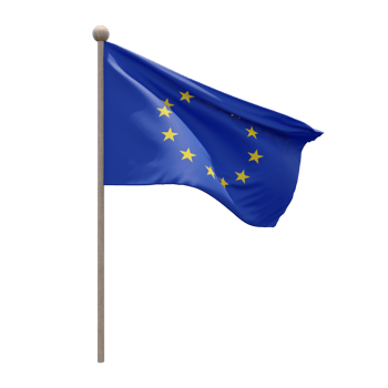 European Union 3d illustration flag on pole. Wood flagpole png