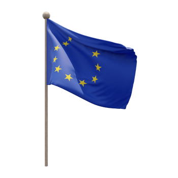 European Union 3d illustration flag on pole. Wood flagpole png