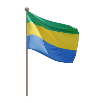 Gabon 3d illustration flag on pole. Wood flagpole png