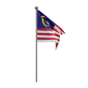 Malaysia 3d illustration flag on pole. Wood flagpole png