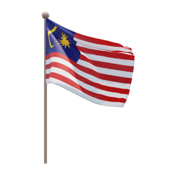 Malaysia 3d illustration flag on pole. Wood flagpole png