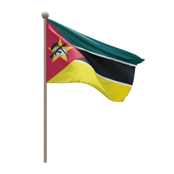 Mozambique 3d illustration flag on pole. Wood flagpole png