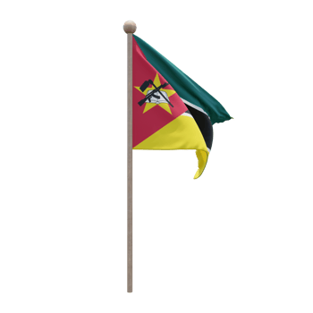 Mozambique 3d illustration flag on pole. Wood flagpole png