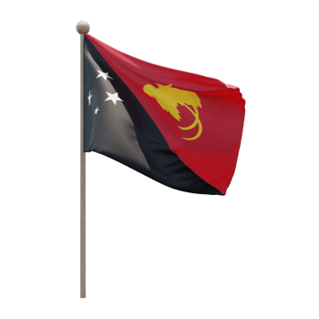 Papua New Guinea 3d illustration flag on pole. Wood flagpole png