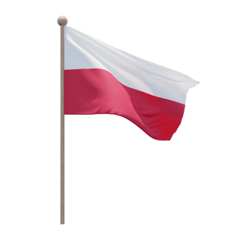 Poland 3d illustration flag on pole. Wood flagpole png