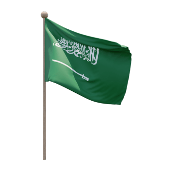 Saudi Arabia 3d illustration flag on pole. Wood flagpole png