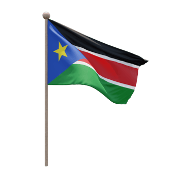 South Sudan 3d illustration flag on pole. Wood flagpole png