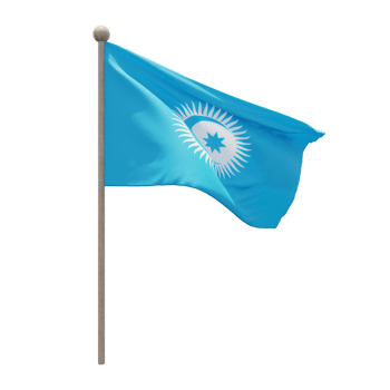 Turkic Council 3d illustration flag on pole. Wood flagpole png