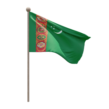 Turkmenistan 3d illustration flag on pole. Wood flagpole png
