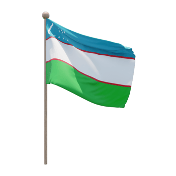 Uzbekistan 3d illustration flag on pole. Wood flagpole png