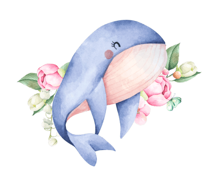 Watercolor composition with blue whale and flowers. Underwater animal art. png