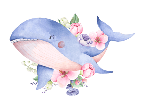 Watercolor composition with blue whale and flowers. Underwater animal art. png