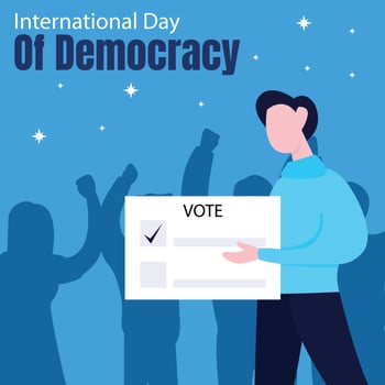 illustration vector graphic of a person holding a voting card, showing people silhouette background, perfect for international day of democracy, celebrate, greeting card, political, etc.