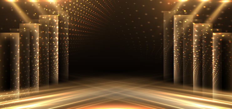 Elegant golden stage diagonal glowing with lighting effect sparkle on black background. Template premium award design. vector