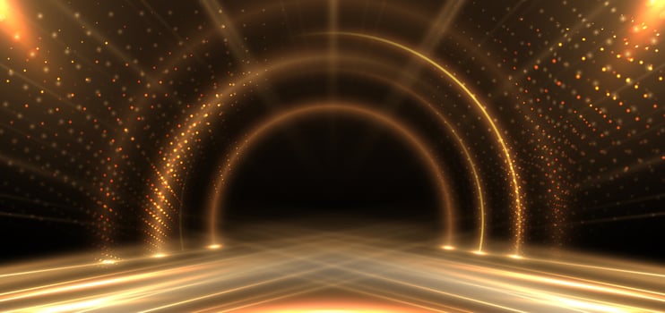 Elegant golden stage circle glowing with lighting effect sparkle on black background. Template premium award design. vector